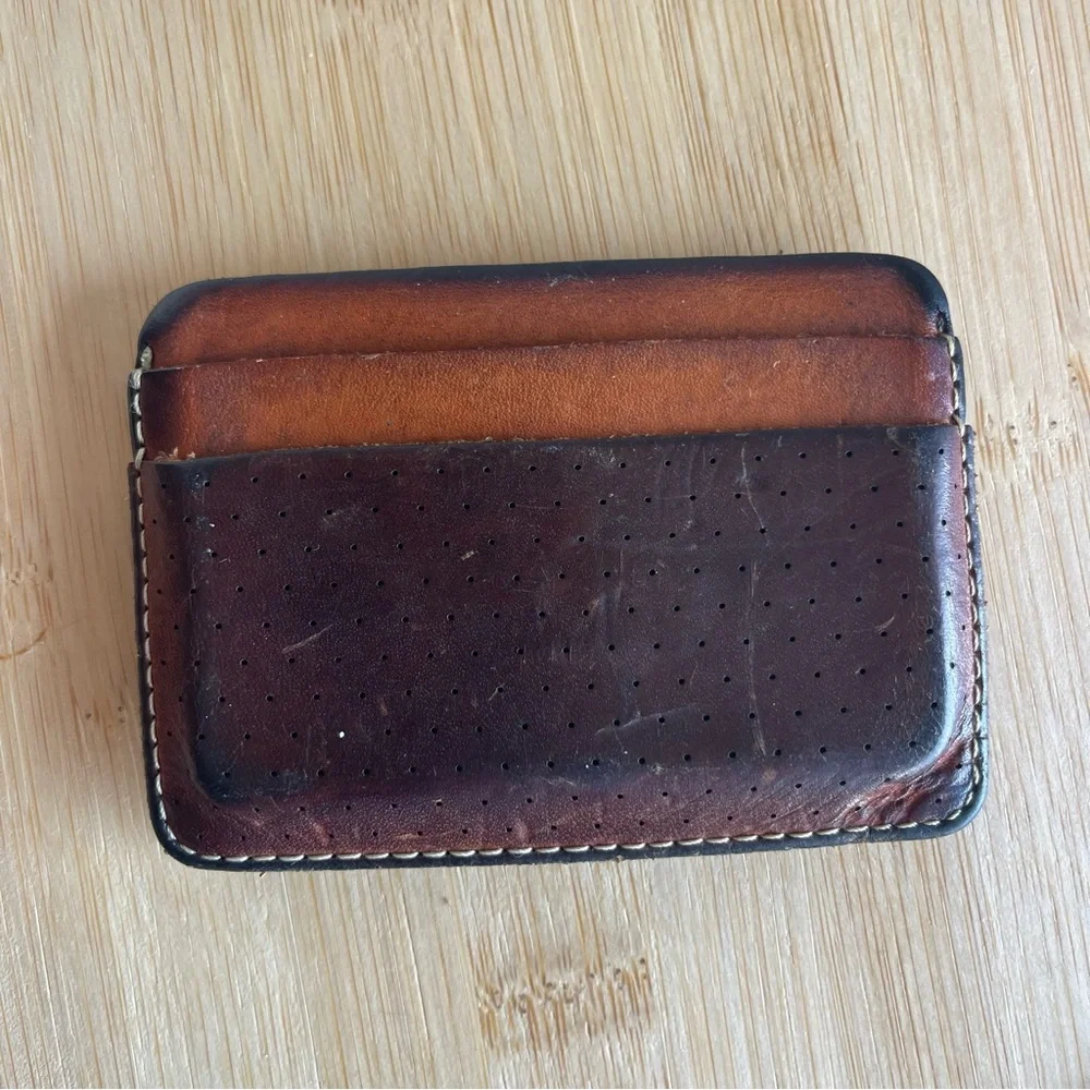 Woolly Perforated Leather Card Holder in Two-Tone Brown